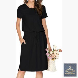 Knee-Length Midi Dress with Pockets, Hide Belly Design, Short Sleeve